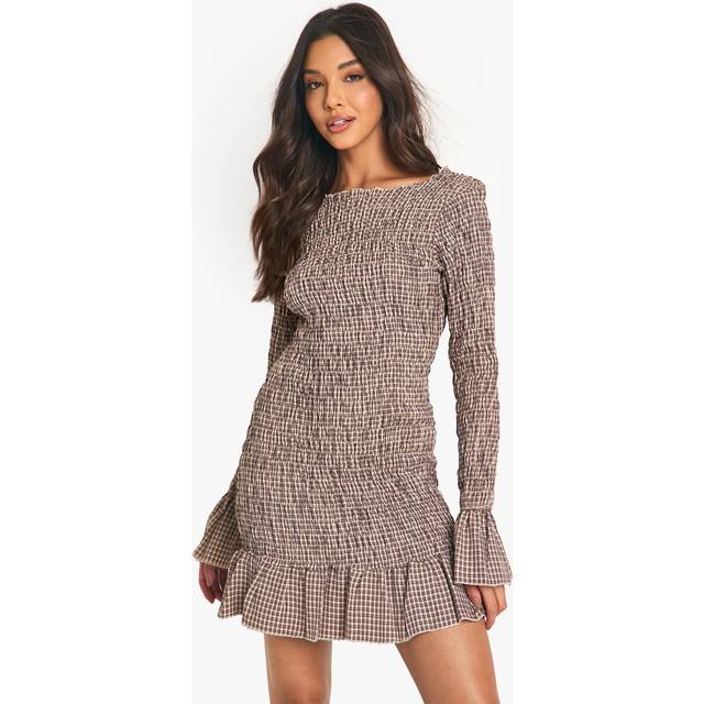 Womens Check Shirred Long Sleeve Mini Dress - Brown - 10