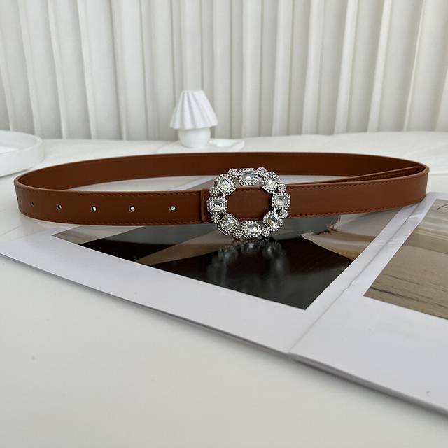 (Camel White Diamond) Unique Womens Faux Leather Belt With Sparkling Rhinestone Buckle For Fashionable Wear