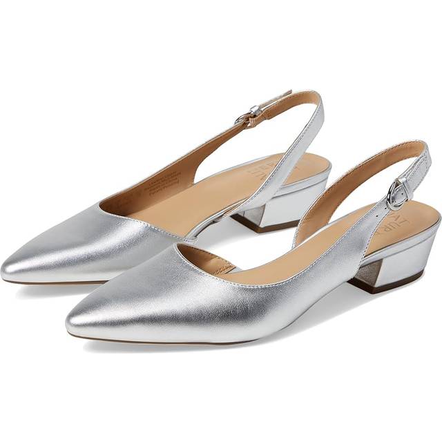 Naturalizer Banks Pointed Toe Flat Shoes, Silver Leather, 8.5 N Toe, Block Heels, Slingback Strap