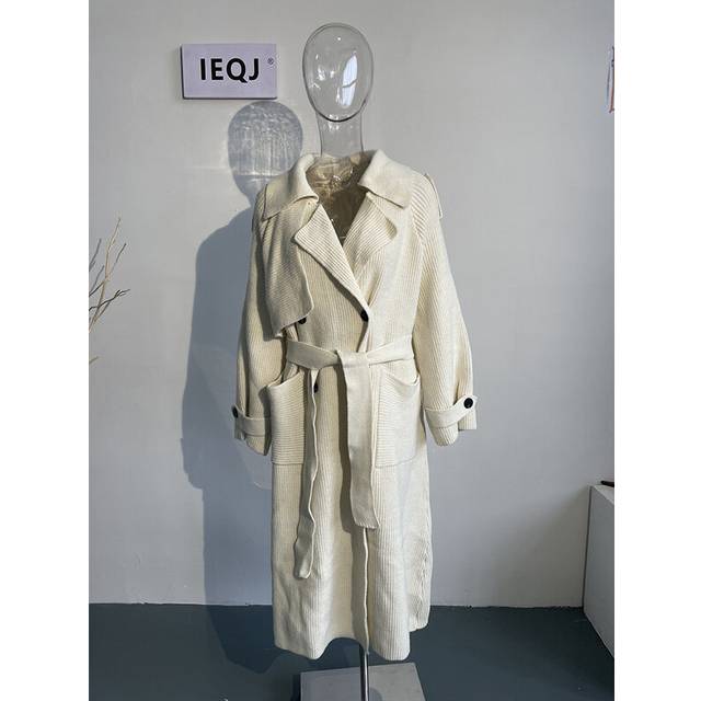 (One Size, Beige With Belt Coat) Knitted Sweater Cardigan Lace Up Trench Coat Solid Waist Luxury Windb
