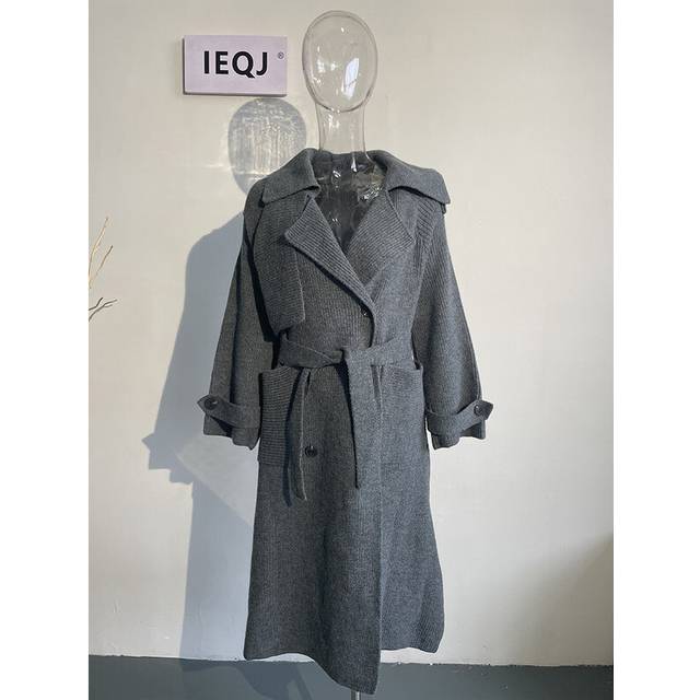 (One Size, Gray With Belt Coat) Knitted Sweater Cardigan Lace Up Trench Coat Solid Waist Luxury Windb