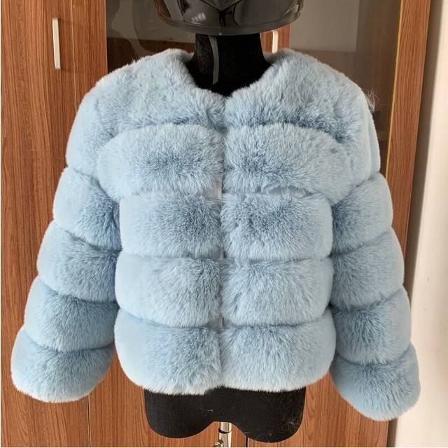 (S, Sky Blue) Winter coat for faux fur coat women new outerwear Fox fur short coat F