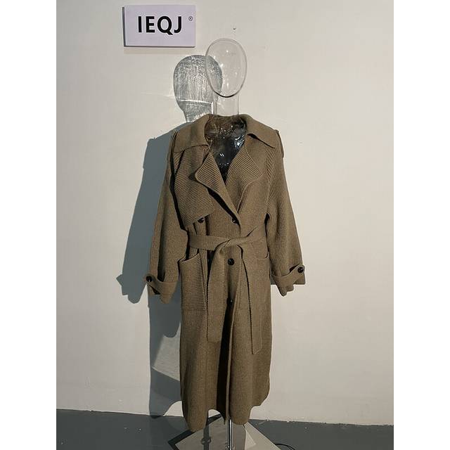 (One Size, Khaki With Belt Coat) Knitted Sweater Cardigan Lace Up Trench Coat Solid Waist Luxury Windb
