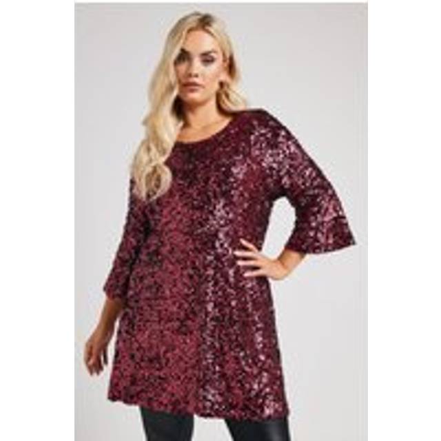 Yours London Curve Red Sequin Flute Sleeve Top, Women's Curve & Plus Size, Yours London - 14