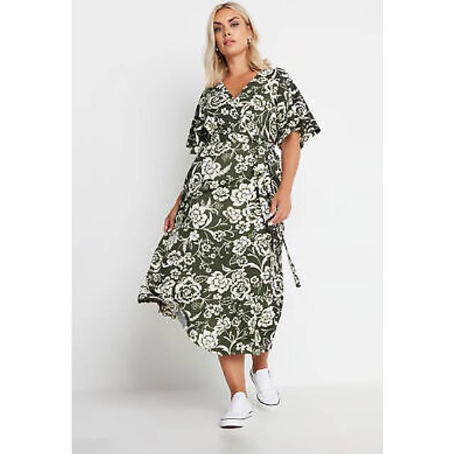 Yours Curve Khaki Green Floral Print Textured Wrap Dress, Women's Curve & Plus Size, Yours - 30-32