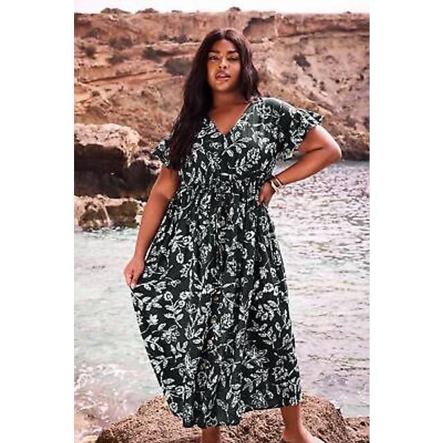 Yours Curve Black Dotted Leaf Print Linen Maxi Dress, Women's Curve & Plus Size, Yours - 38-40