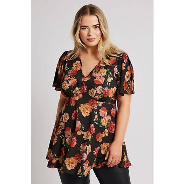 Yours London Curve Black Floral Print Angel Sleeve Blouse, Women's Curve & Plus Size, Yours London - 30-32