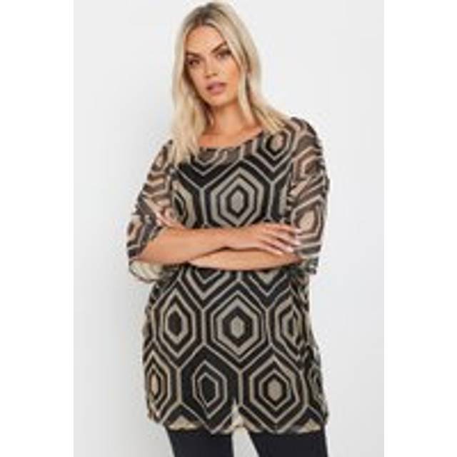 Yours Curve Natural Brown Geometric Print Mesh Top, Women's Curve & Plus Size, Yours - 30-32