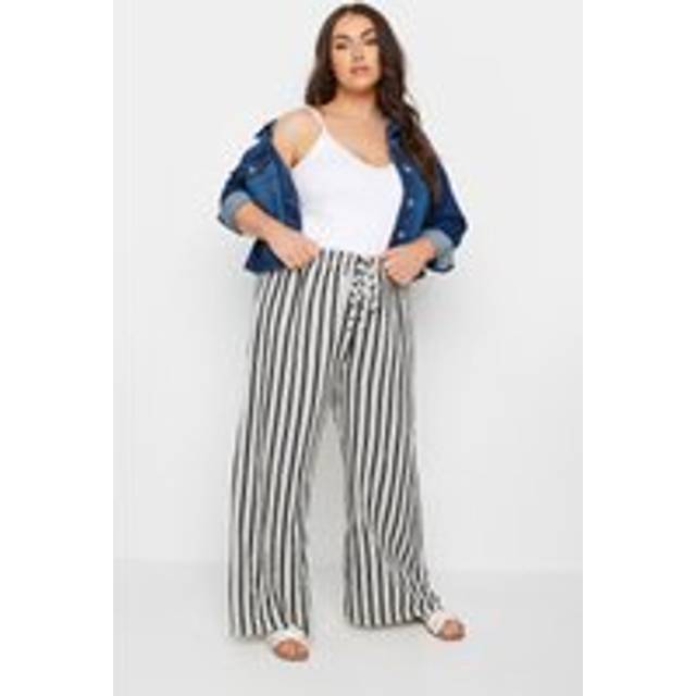 Yours Curve White Stripe Wide Leg Linen Look Trousers, Women's Curve & Plus Size, Yours - 30-32