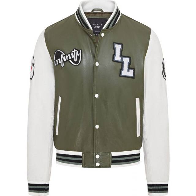 Mens olive green baseball leather jacket badges varsity college bomber letterman
