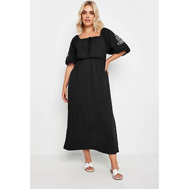 Yours Curve Black Embroidered Puff Sleeve Maxi Dress, Women's Curve & Plus Size, Yours - 38-40