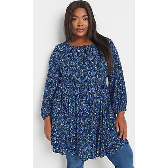 Yours Curve Navy Blue Floral Crinkle Tie Neck Dress, Women's Curve & Plus Size, Yours - 38-40