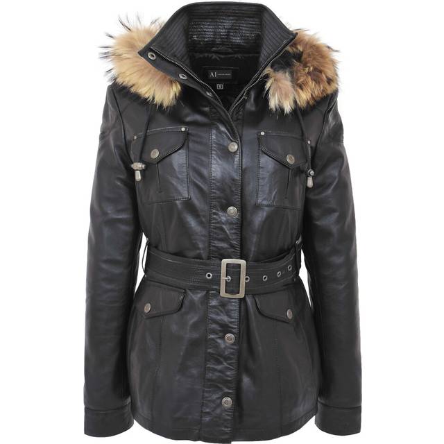 Ladies black leather duffle coat belted hip length removable hood parka jacket