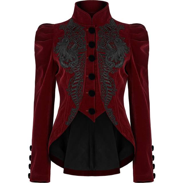 Punk rave womens gothic riding jacket red velvet black lace steampunk victorian