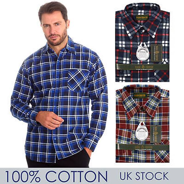 (Navy, Large) Metzuyan Mens Flannel 100% Cotton Checked Shirt Collared Long Sleeve Casual Shirts M-Xxl