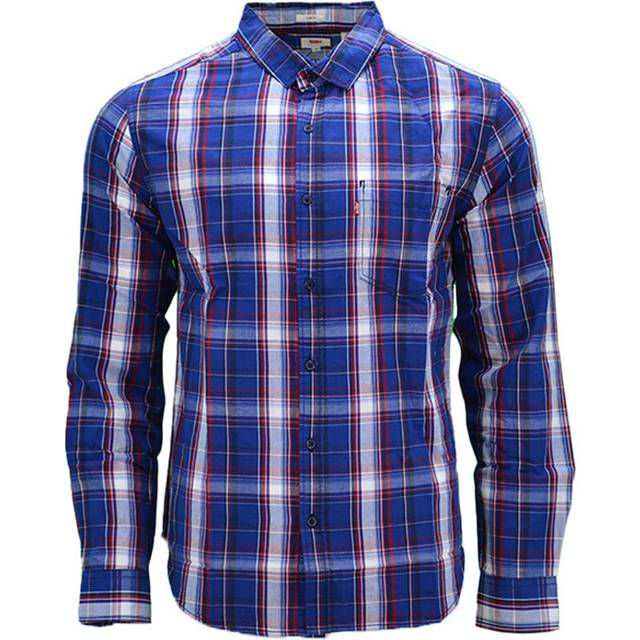 (Blue and Red Stripe, S) LEVIS Mens Shirts Cotton Long Sleeve Flannel Shirt