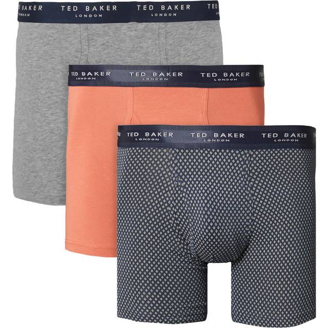 (S, Grey Heather/Hot Sauce/Navy) Ted Baker Mens 2021 3-Pack Cotton Contour Pouch Breathable Fashion Boxer Briefs