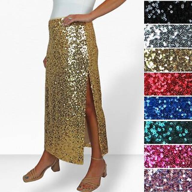 Sequin Maxi Skirt with Side Slit - Black - 20-22