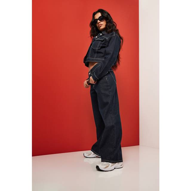 Pixiegirl Dark Blue Contrast Stitch Wide Leg Jeans 16 Pixiegirl | Petite Women's Wide Leg Jeans