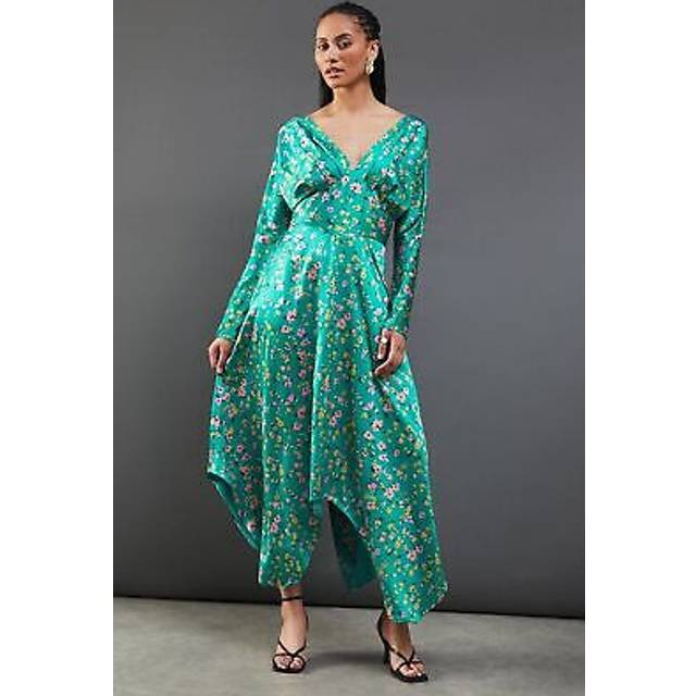 Warehouse Womens Floral Satin Batwing Waisted Hanky Hem Midi Dress - Green - Size 8 UK
