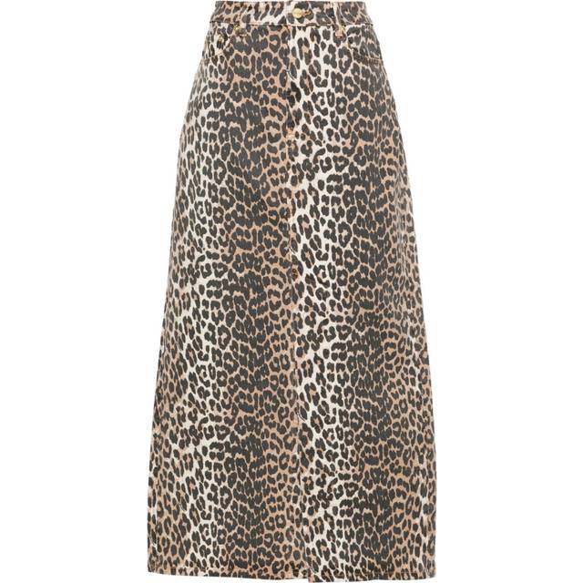 GANNI - high-waisted leopard-print denim midi skirt - women - Spandex/Elastane/Organic Cotton - 36 - Neutrals