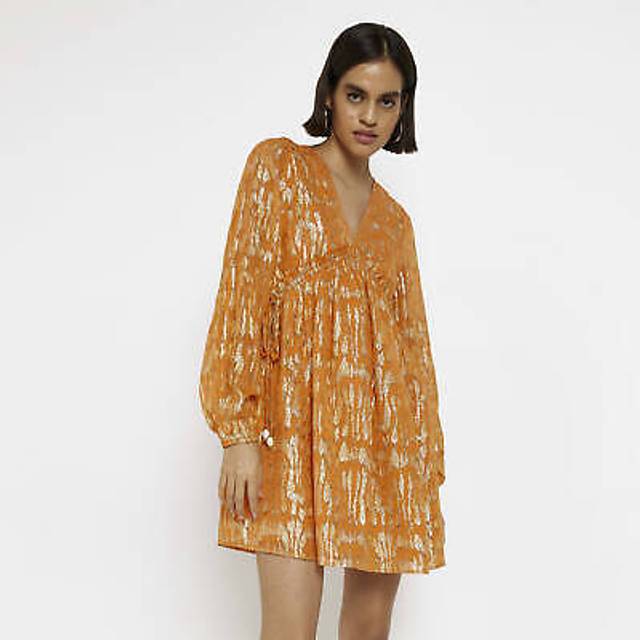 River Island Womens Smock Mini Dress Orange Shimmer Viscose - Size 6 UK