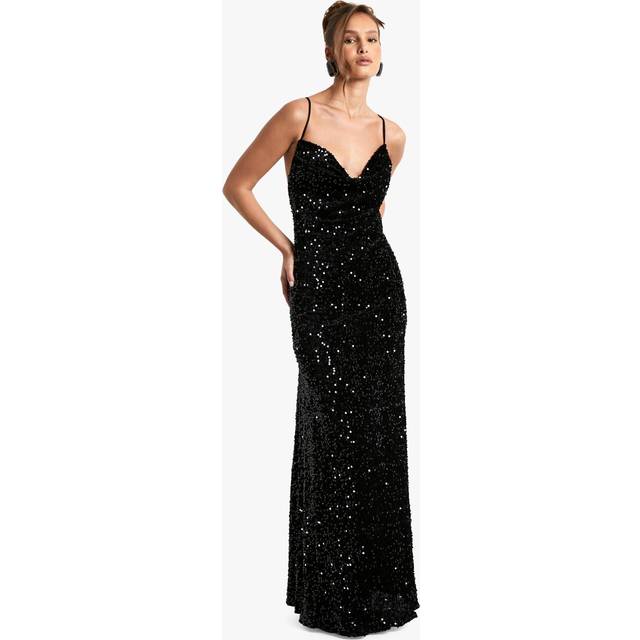 Womens Velvet Sequin Cowl Neck Slip Maxi Dress - Black - 10, Black