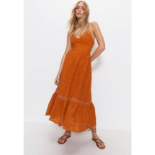 Warehouse Womens Strappy Broderie Maxi Dress - Rust Cotton - Size 8 UK