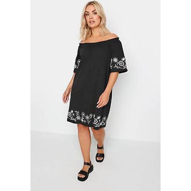 Yours Curve Black Embroidered Bardot Mini Dress, Women's Curve & Plus Size, Yours - 34-36