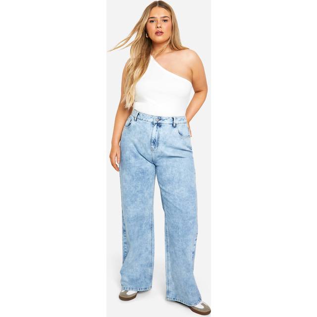 Womens Plus High Waist Bum Shaper Wide Leg Jean - Acid Wash Light Blue - 26