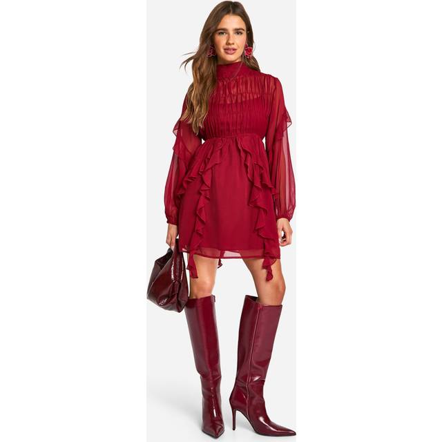 Womens Crinkle Chiffon Funnel Neck Ruffle Smock Dress - Red - 14, Red