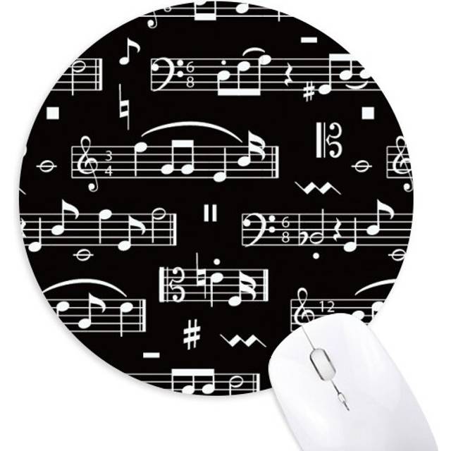 White Music Notes Bar Black Mousepad Round Rubber Mouse Pad Non-Slip Game Office