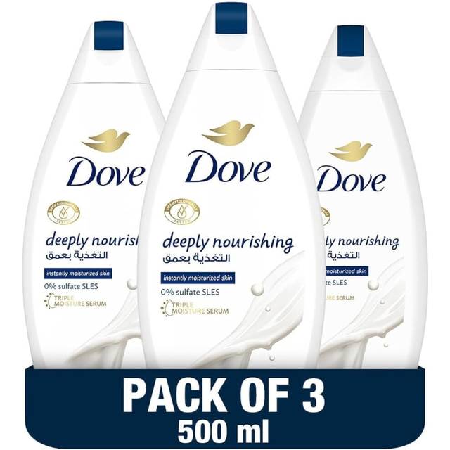 DOVE Deeply Nourishing Body Wash for Instantly Moisturized Skin 500ml Pack Of 3 | No Sulfates & Parabens | Triple Moisture Serum Shower Gel