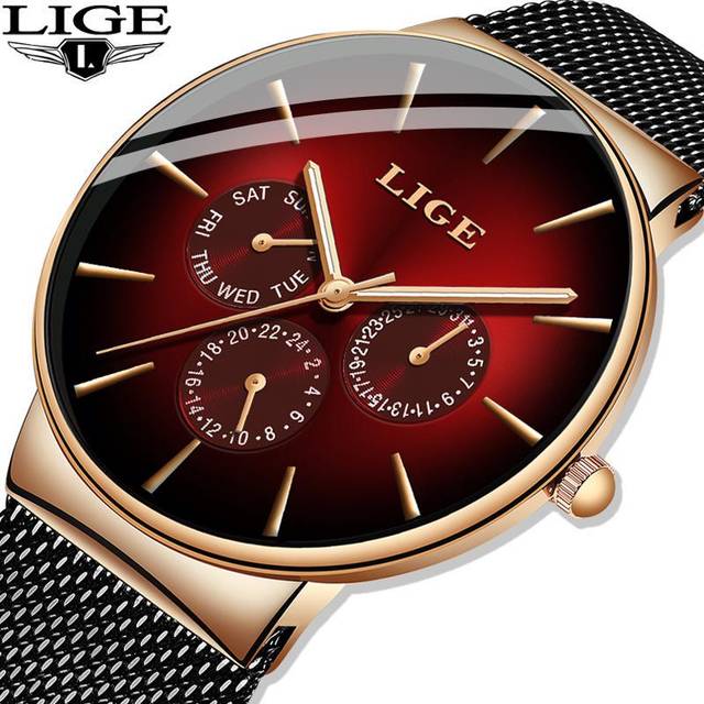 2020 New LIGE Blue Casual Mesh Belt Fashion Quartz Gold Watch Mens Watches Top Brand green/gold