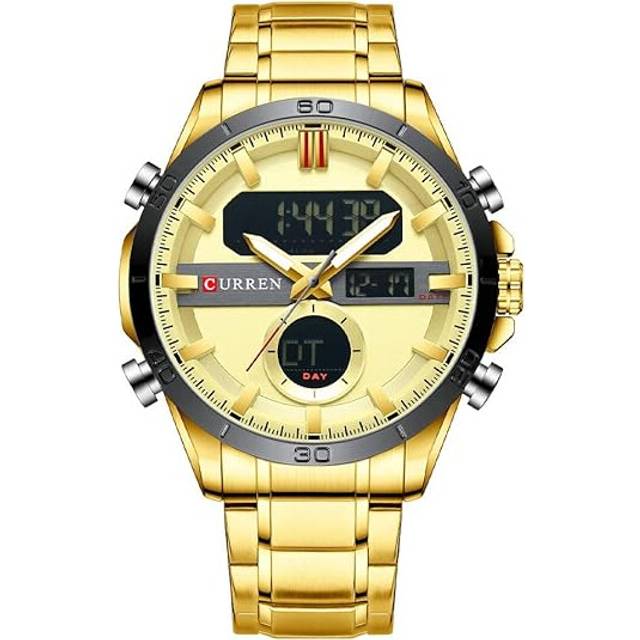 MASTOP Men&#39;s Watch Dual Time Zone Analog Digital Display Sports Stainless Steel Strap Stopwatch Quartz Waterproof Male Wristwatch