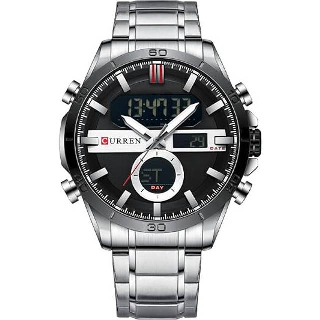 Men&#39;s Watch Dual Time Zone Analog Digital Display Sports Stainless Steel Strap Stopwatch Quartz Waterproof Male Wristwatch