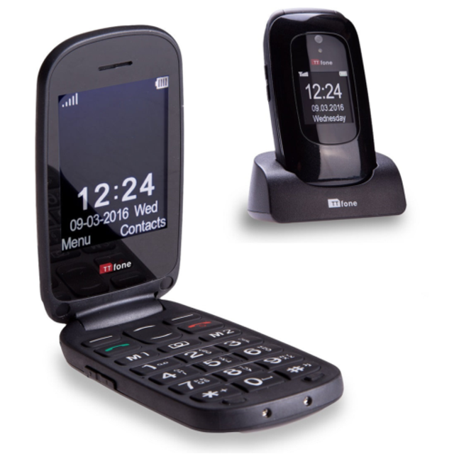 Black flip big button mobile phone, easy menu, unlocked, o2 pay as you go sim