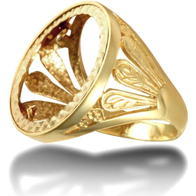 (S) Jewelco London Men's Solid 9ct Yellow Gold Welsh Feather Full Sovereign Mount Ring - JRN174-F