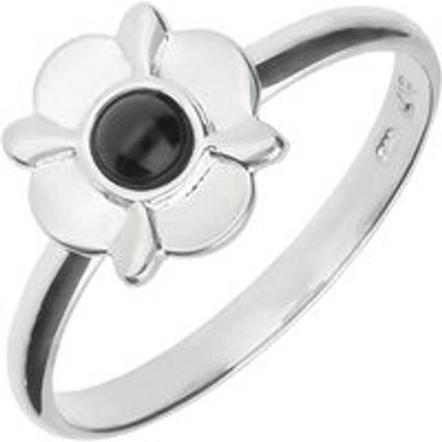Sterling Silver Whitby Jet Four Petal Round Ring - Silver