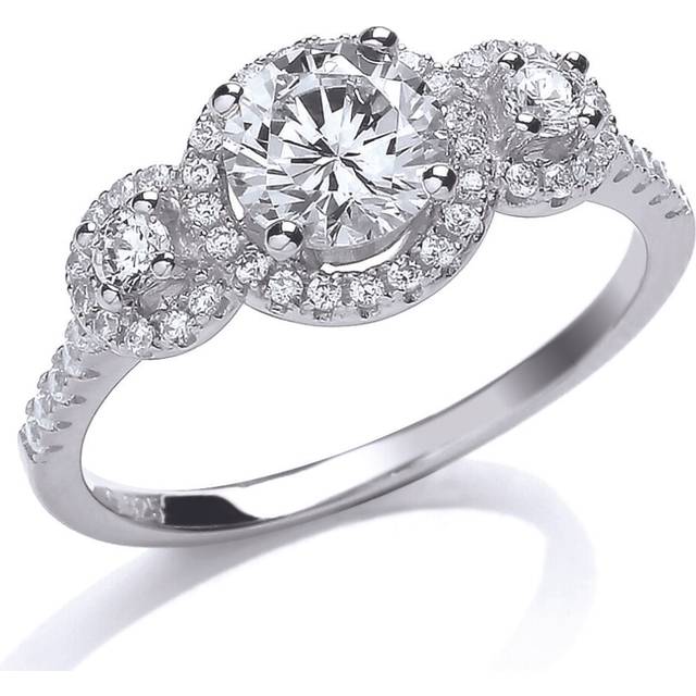 (M) Jewelco London Ladies Rhodium Plated Sterling Silver Cubic Zirconia Halo Trilogy Engagement Ring