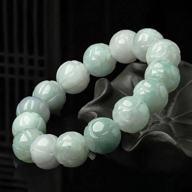 Natural Green Jadeite LuckyLotus Beads Bracelet for Women Girl Female