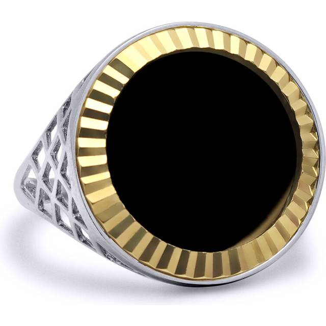 (Z+1) Jewelco London 925 Sterling Silver Basket Full Sovereign Coin Mount Ring - 9ct Gold Fluted Bezel & Onyx - XRN168-F