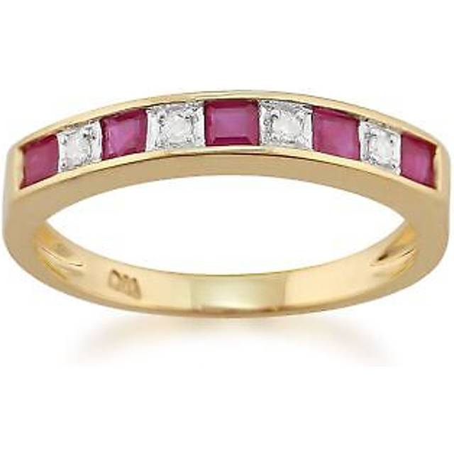 (P) Classic Square Ruby & Diamond Half Eternity Ring in 9ct Yellow Gold