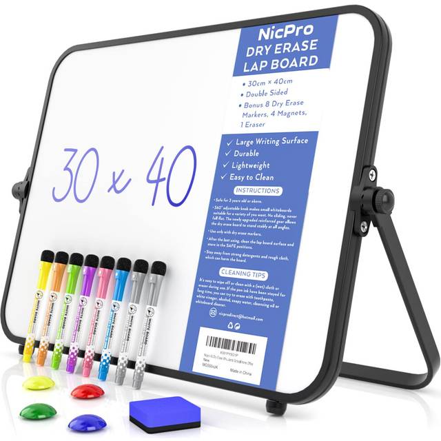 Nicpro Dry Erase Small Whiteboard A3 with Non-Slip Stand, 30 x 40 cm Double Sided Magnetic Desktop White Board with 8 Pens, Eraser, Magnet, Portable