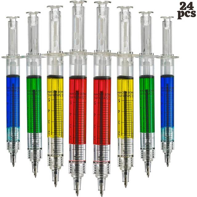 Syringe Pens -(Bulk Pack of 24)Retractable Fun Multi Color Novelty Pen