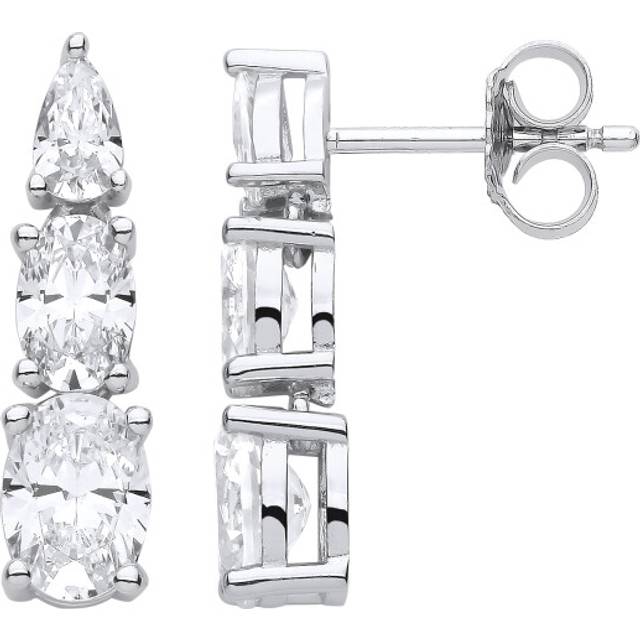 Jewelco London Ladies Rhodium Plated Sterling Silver Oval Pear CZ Graduated Trilogy Snowman Clown Drop Earrings - EAG1115