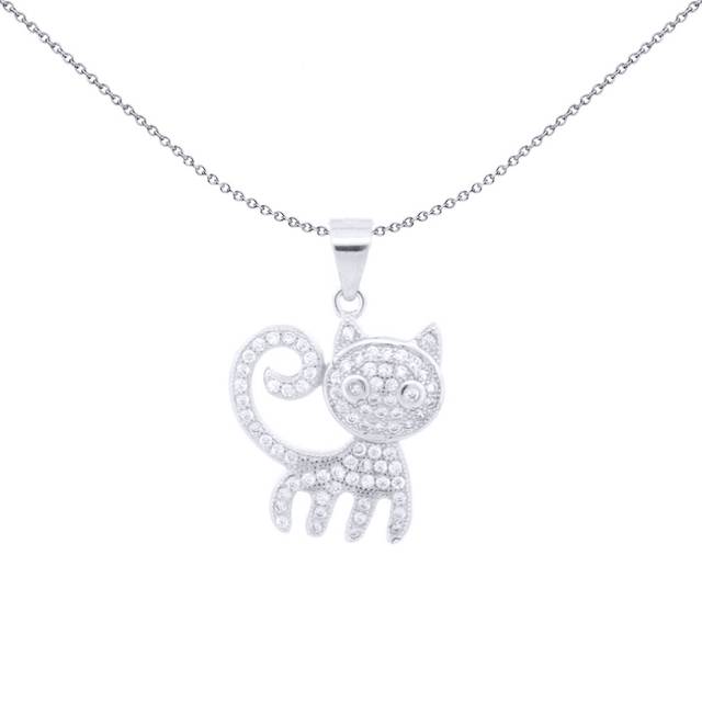 Jewelco London Rhodium Silver Round CZ Cute Kitty Cat (or Alien) Charm Pendant - APD201