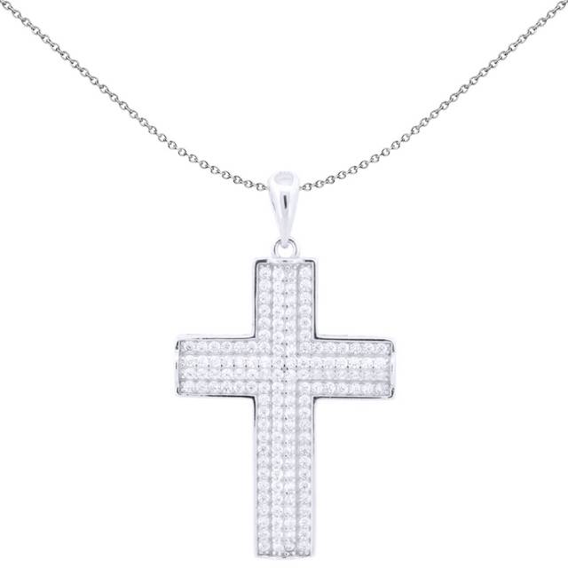 Jewelco London Unisex Rhodium Silver Round CZ Encrusted Block Latin Cross Pendant - APX058