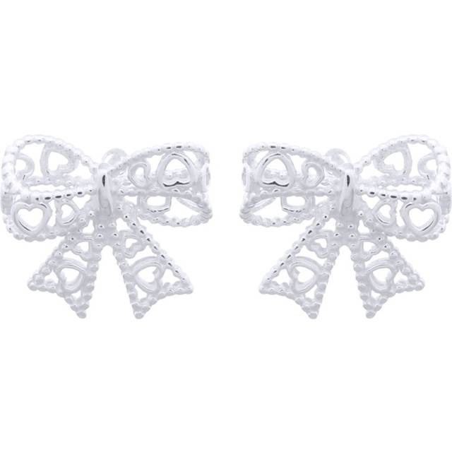 Jewelco London Rhodium Silver Love Heart Bow Tie Ribbon Stud Earrings - AES147
