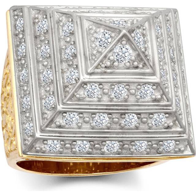 (Z2) Jewelco London Men's Solid 9ct Yellow and White Gold White Round Brilliant Cubic Zirconia Egyptian Pyramid 1 1/2oz 30mm Signet Ring - JRN565